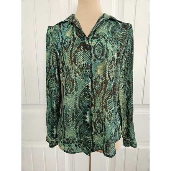 New Directions Green Snake Print Blouse With Roll Tab Sleeves Sheer Size PM - Picture 1 of 9